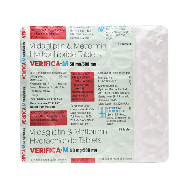 Verifica M 50mg/500mg Tablet contains Vildagliptin 50mg, Metformin 500mg