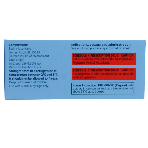 Insugen-R 100IU/ml Solution for Injection 10ml contains Human insulin 100IU