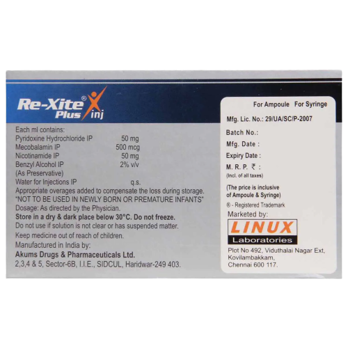 Re-Xite Plus Injection 2ml contains Methylcobalamin 500mcg, Niacinamide 50mg, Pyridoxine 50mg