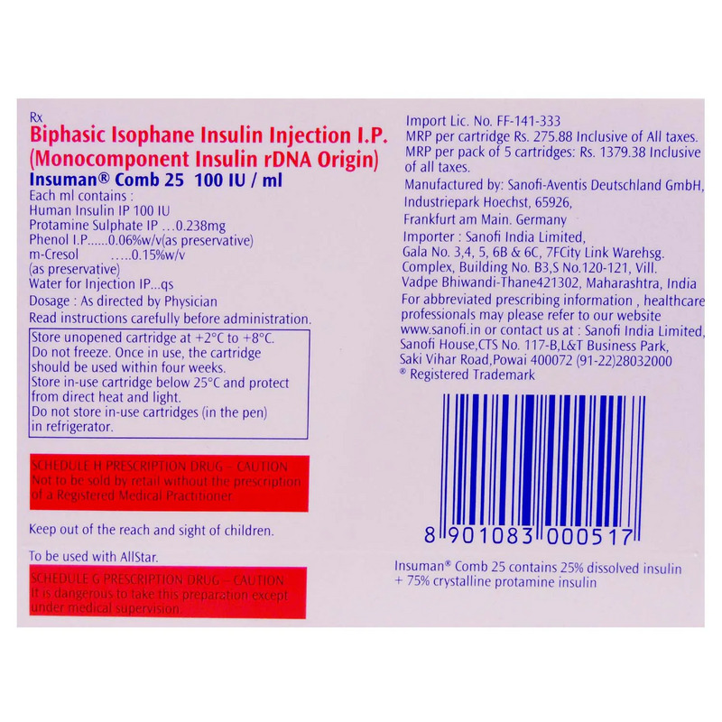 Insuman Comb 25 Injection 3ml contains Insulin Isophane/NPH 75%, Human Insulin/Soluble Insulin 25%