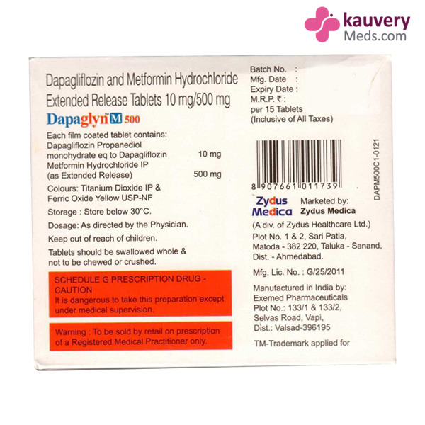 Dapaglyn M 500 Tablet ER (Strip of 15) contains Dapagliflozin 10mg, Metformin 500mg