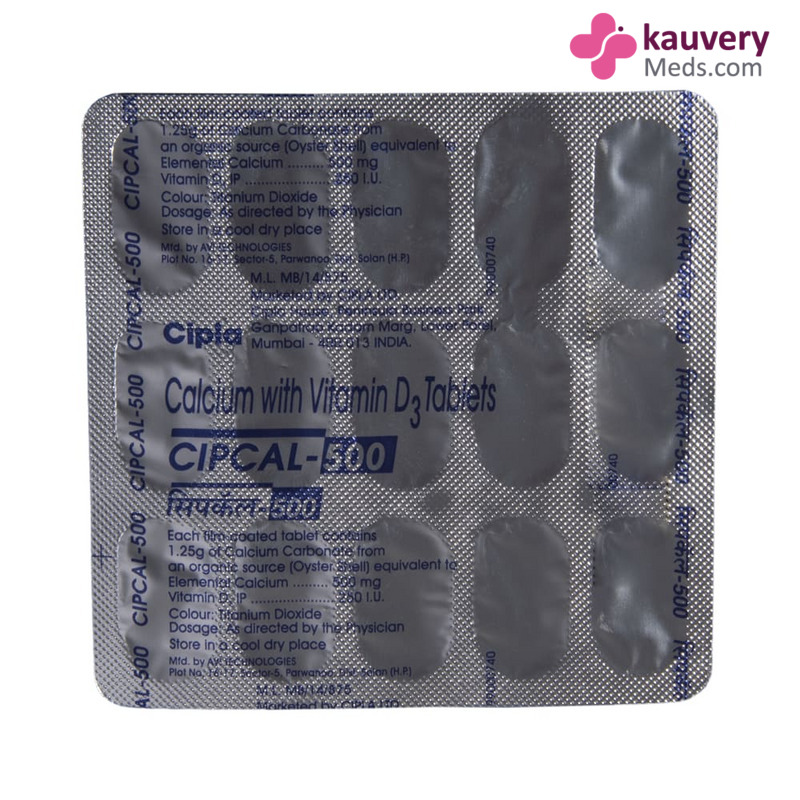 Cipcal 500 Tablet (Strip of 15) contains Elemental Calcium 500mg, Vitamin D3 250IU