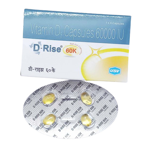 D-Rise 60K Capsule 4's contains Cholecalciferol (Vitamin D3) 60000IU