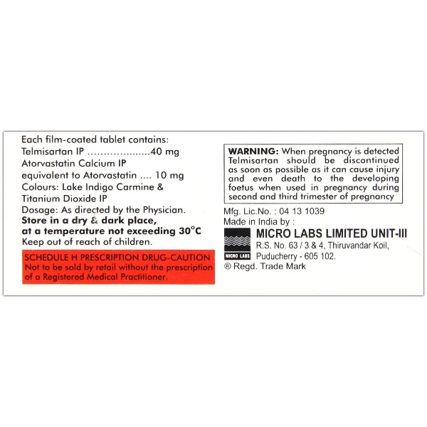 Arbitel-AV Tablet (Strip of 10) contains Telmisartan 40mg, Atorvastatin 10mg