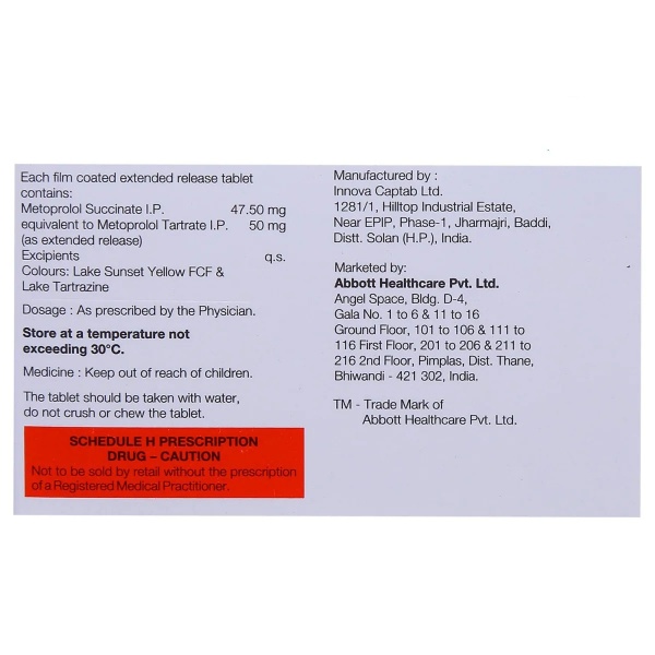 Supermet XL 50 Tablet (Strip of 15) contains Metoprolol Succinate 47.5mg