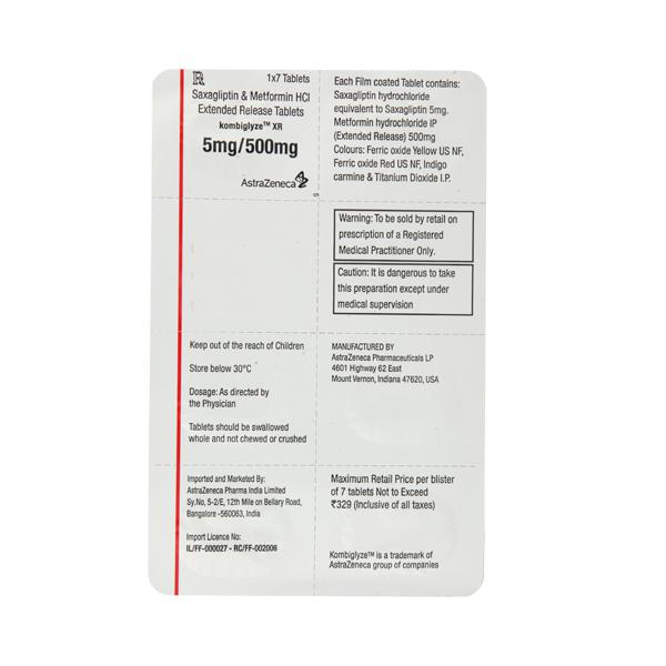 Kombiglyze XR 5mg/500mg Tablet (Strip of 7) contains Saxagliptin 5mg, Metformin 500mg