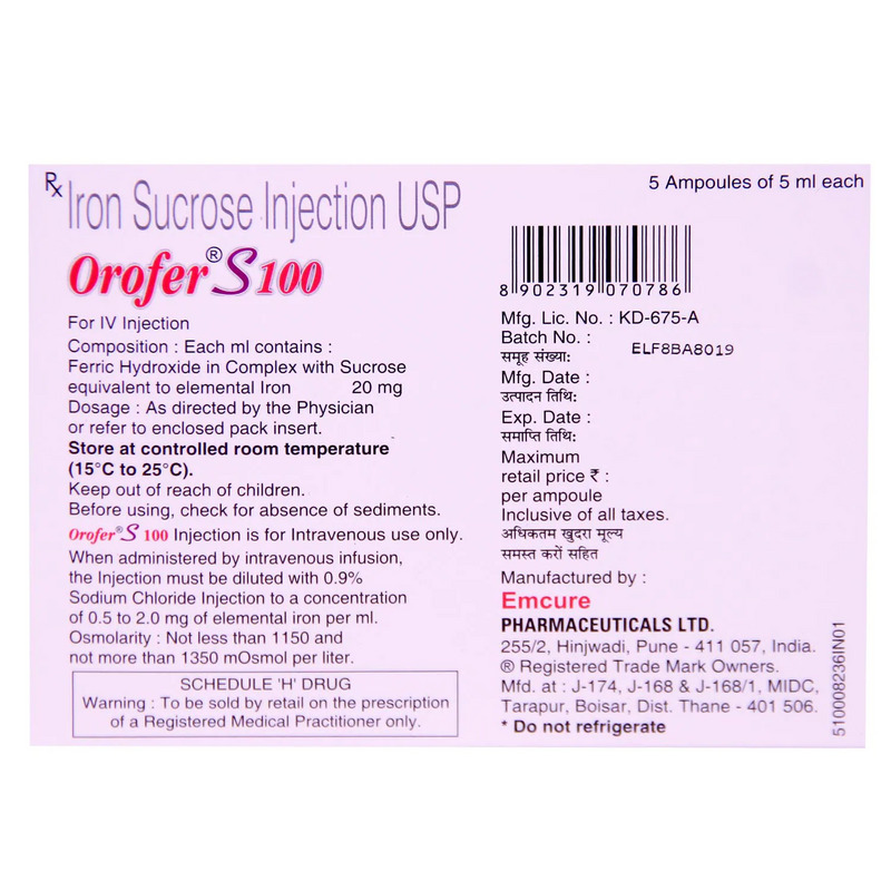 Orofer S 100 Injection 5ml contains Iron Sucrose 100mg/5ml