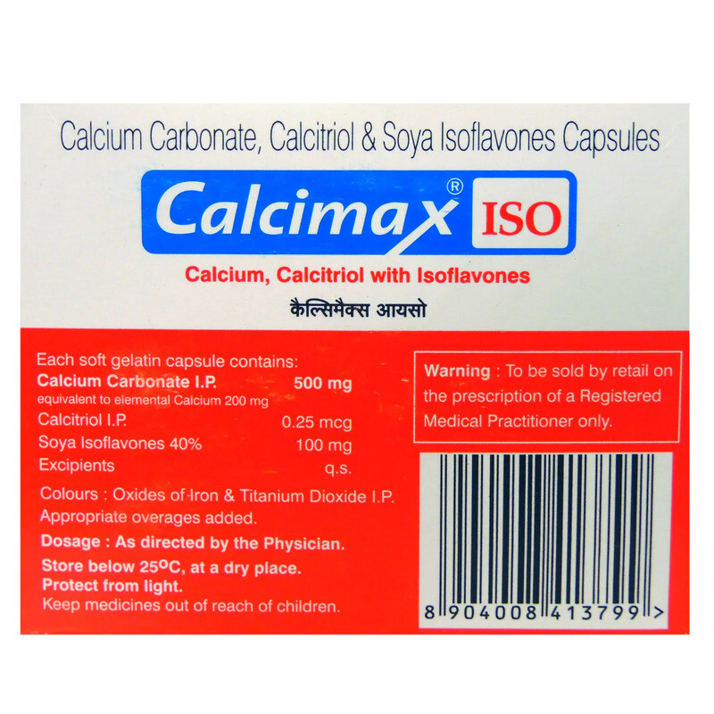 Calcimax ISO Capsule contains Calcium Carbonate 500mg, Calcitriol 0.25mcg, Soya Isoflavones 100mg