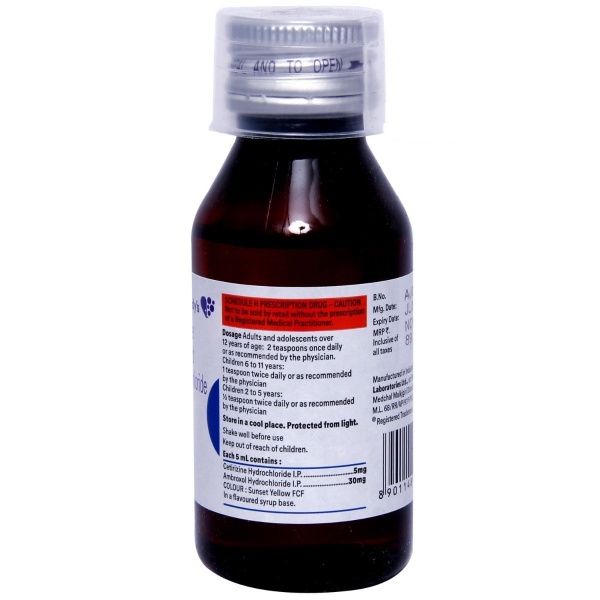 Relent Plus Syrup 60ml contains Cetirizine 5mg/5ml, Ambroxol 30mg/5ml