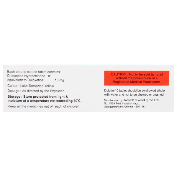 Dulotin 10 Tablet (Strip of 10) contains Duloxetine 10mg