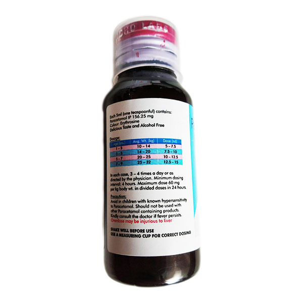 Dolo 156.25mg Syrup 60ml contains Paracetamol 156.25mg/5ml