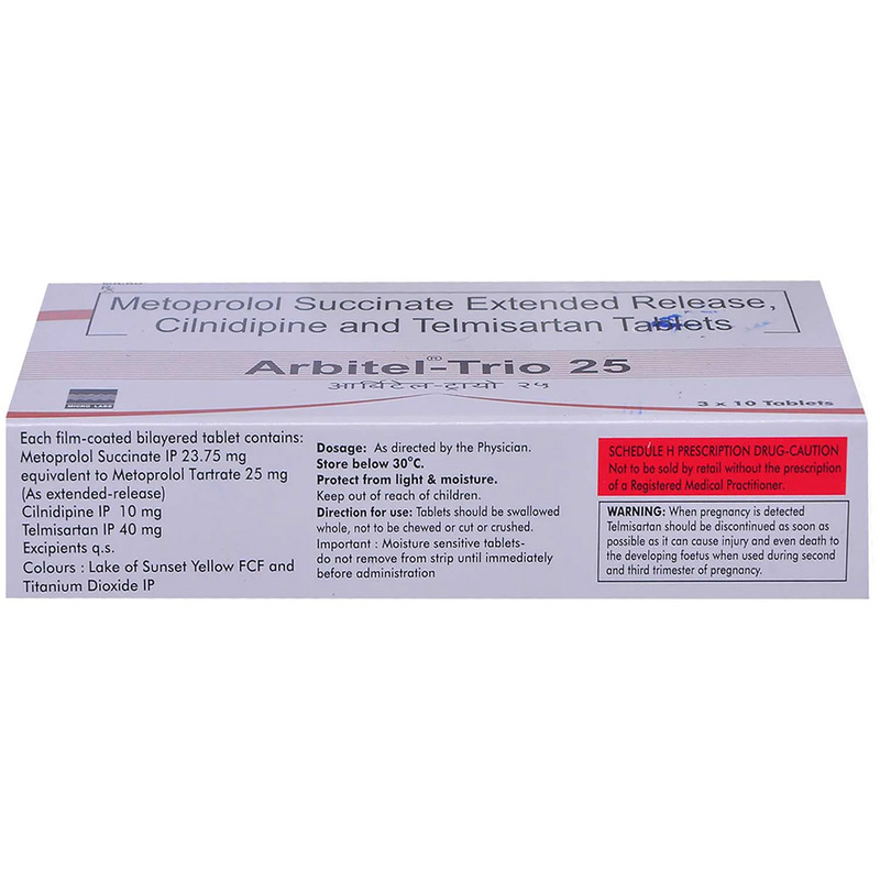 Arbitel-Trio 25 Tablet contains Cilnidipine 10mg, Metoprolol Succinate 25mg, Telmisartan 40mg