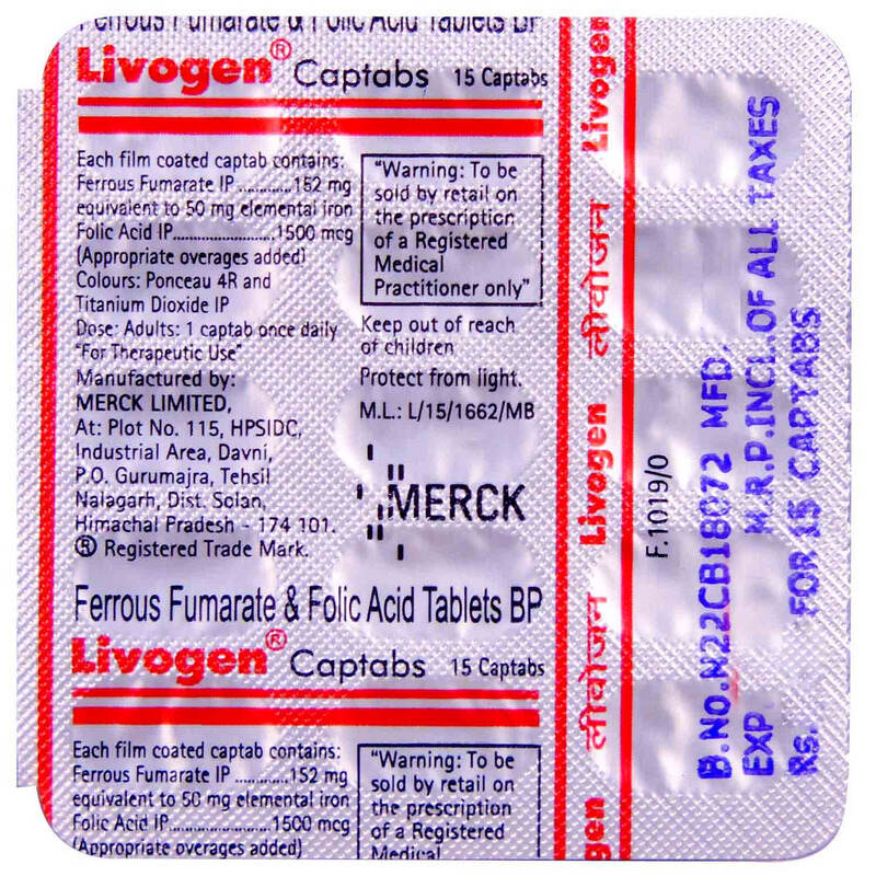 Livogen Captab 15's contains Folic acid 1.5mg, Ferrous Fumarate 152mg