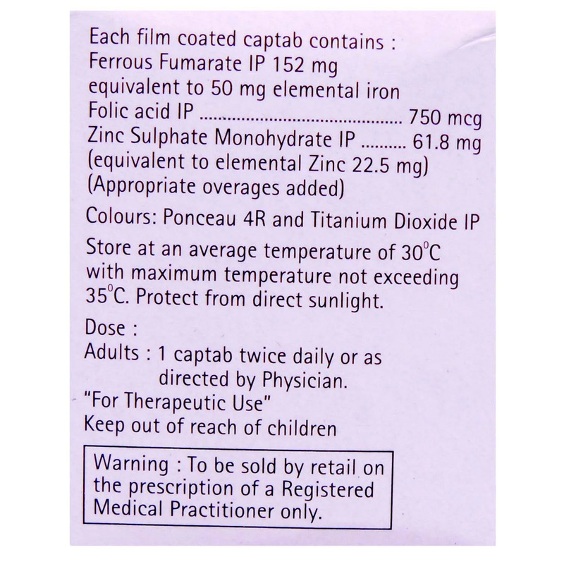 Livogen Z Tablet 15's contains Ferrous Fumarate 152mg, Folic Acid 750 mcg, Zinc Sulphate 61.8mg