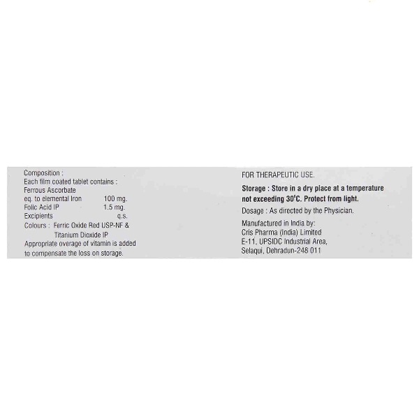 Ferikind Tablet (Strip of 10) contains Ferrous Ascorbate 100mg, Folic Acid 1.5mg