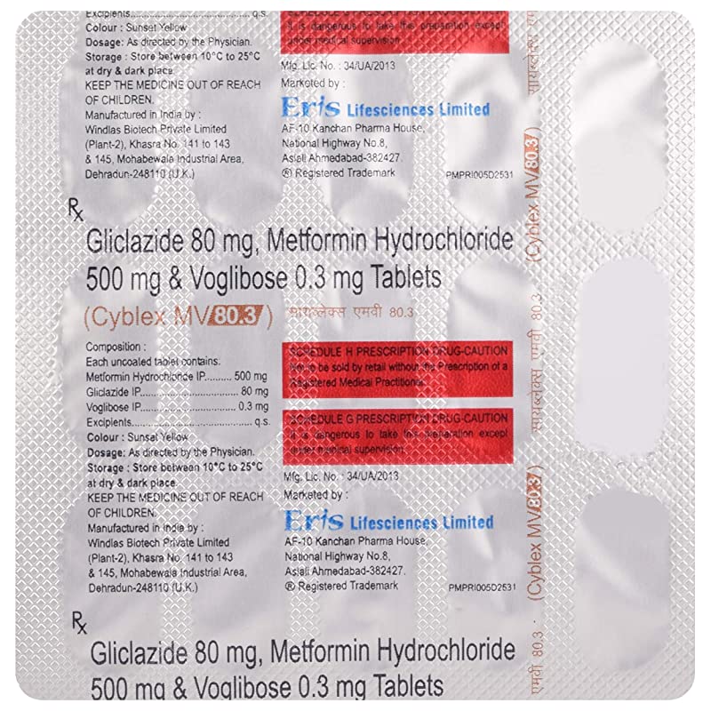 Cyblex MV 80.3 Tablet (Strip of 15) contains Gliclazide 80mg, Metformin 500mg, Voglibose 0.3mg