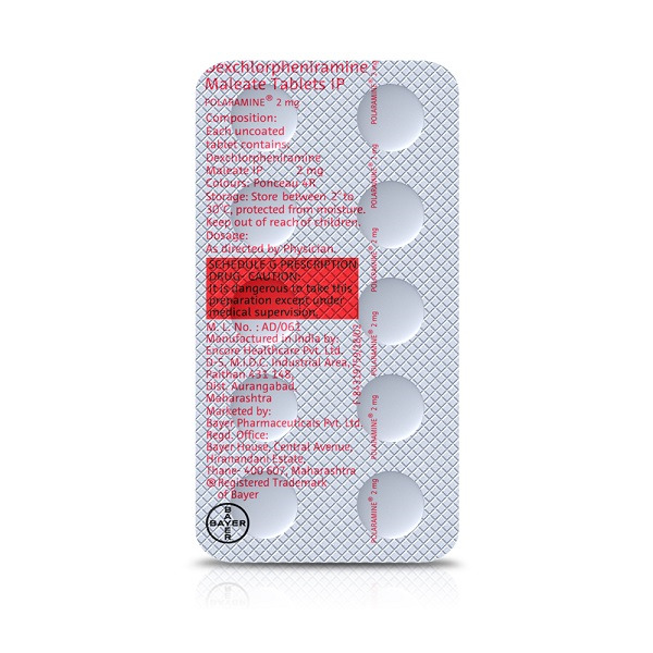 Polaramine 2mg Tablet (Strip of 10) contains Dexchlorpheniramine 2mg