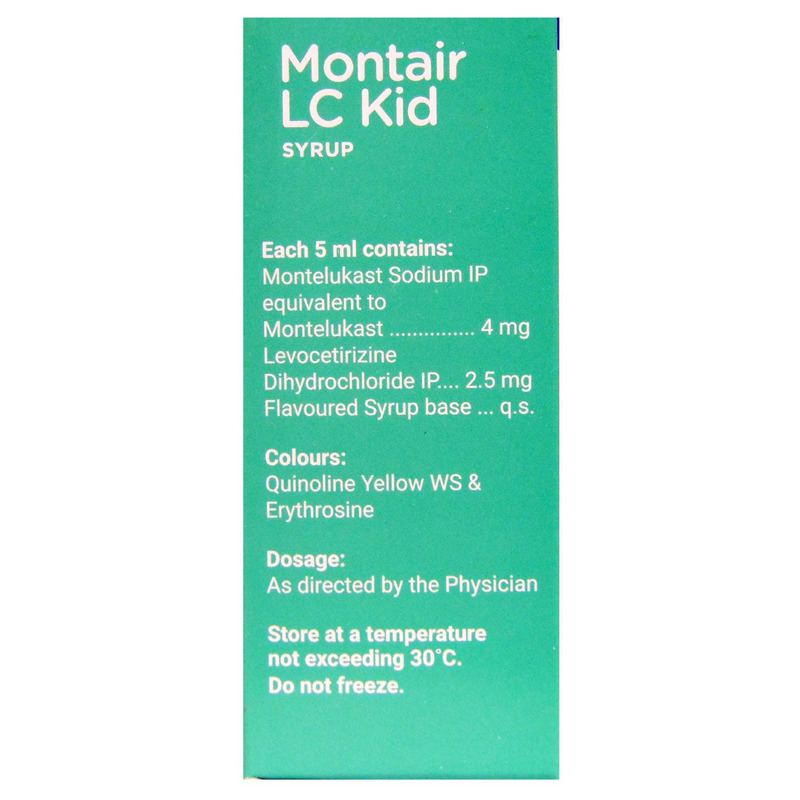 Montair LC Kid Syrup 60ml contains Levocetirizine 2.5mg/5ml, Montelukast 4mg/5ml