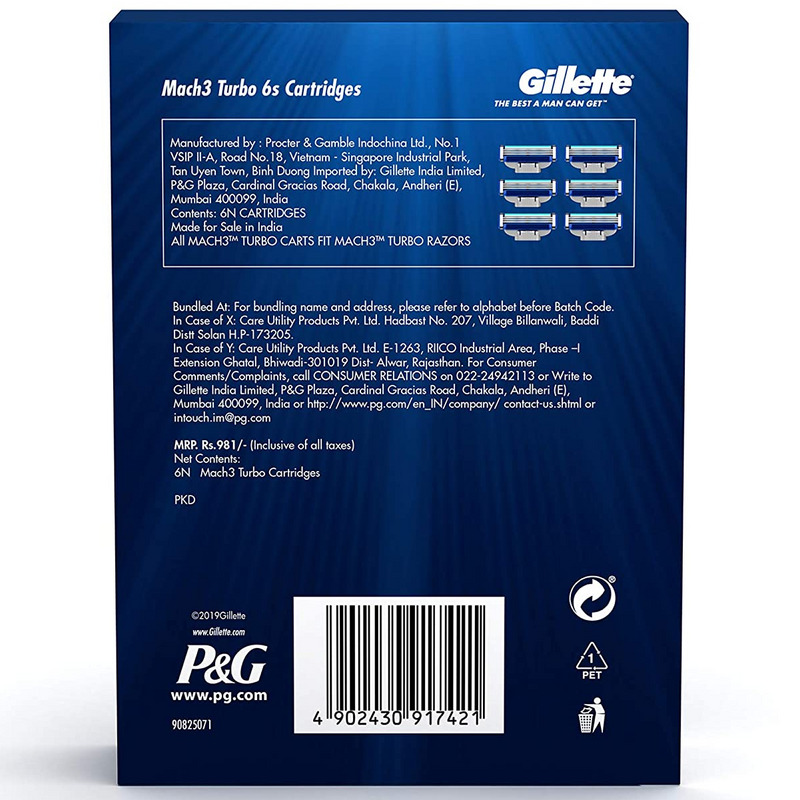 Gillette Mach3 Turbo Shaving Blade Cartridge (Pack of 6)