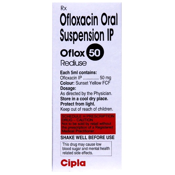 Oflox 50 Rediuse Oral Suspension 60ml contains Ofloxacin 50mg/5ml