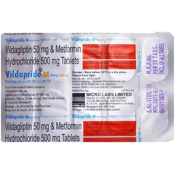 Vildapride-M 50mg/500mg Tablet 10's used to treat type 2 diabetes mellitus