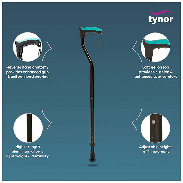 Tynor L-07 Black Walking Stick Universal with Soft Top Handle