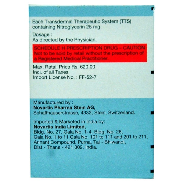 Nitroderm TTS 5 Transdermal Patch contains Nitroglycerin 25mg