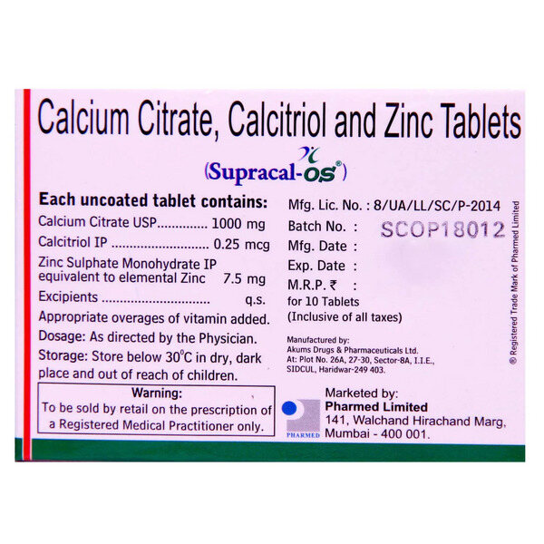 Supracal OS Tablet 10's contains Calcitriol 0.25mcg, Calcium Citrate 1000mg, Zinc 7.5mg