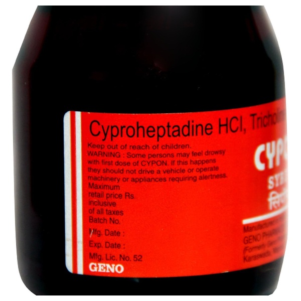 Cypon Syrup 200ml contains Cyproheptadine 2mg, Tricholine Citrate 275mg, Sorbitol 2g