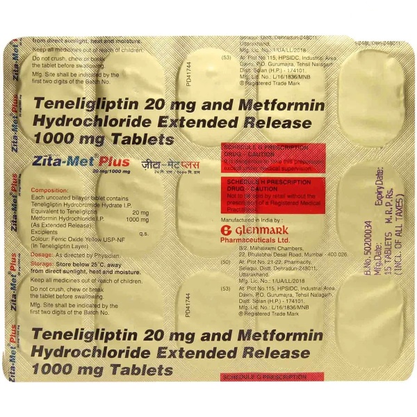 Zita-Met Plus 20mg/1000mg Tablet 15's used for the treatment of type 2 diabetes mellitus