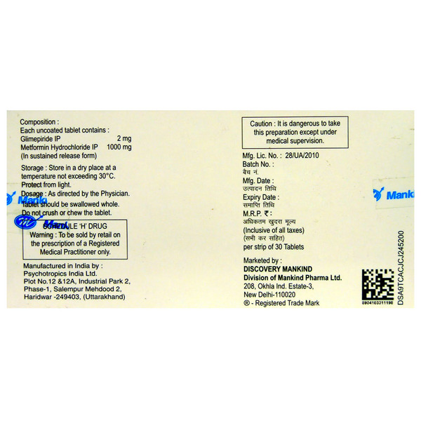 Glimestar M2 Forte Tablet 30's contains Glimepiride 2mg, Metformin 1000mg